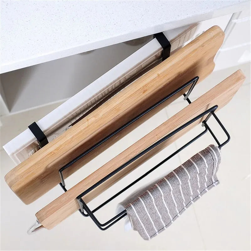 Double layer iron kitchen towel and chopping board rack hanging under a cabinet, black colour, nail-free installation