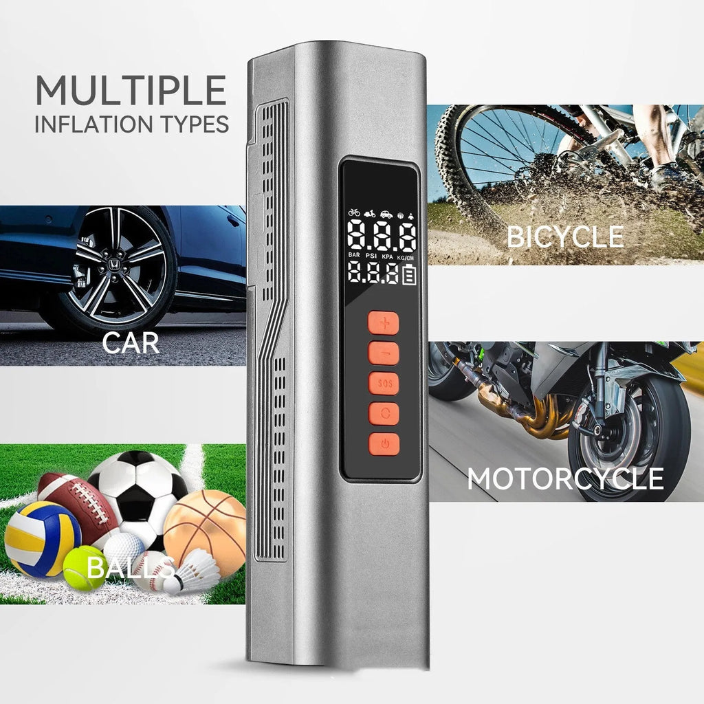 Wireless digital tyre inflator with LCD display showing pressure readings and Type-C charging port