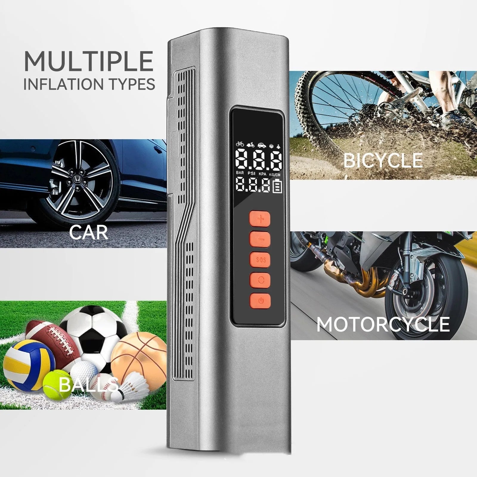 Wireless digital tyre inflator with LCD display showing pressure readings and Type-C charging port