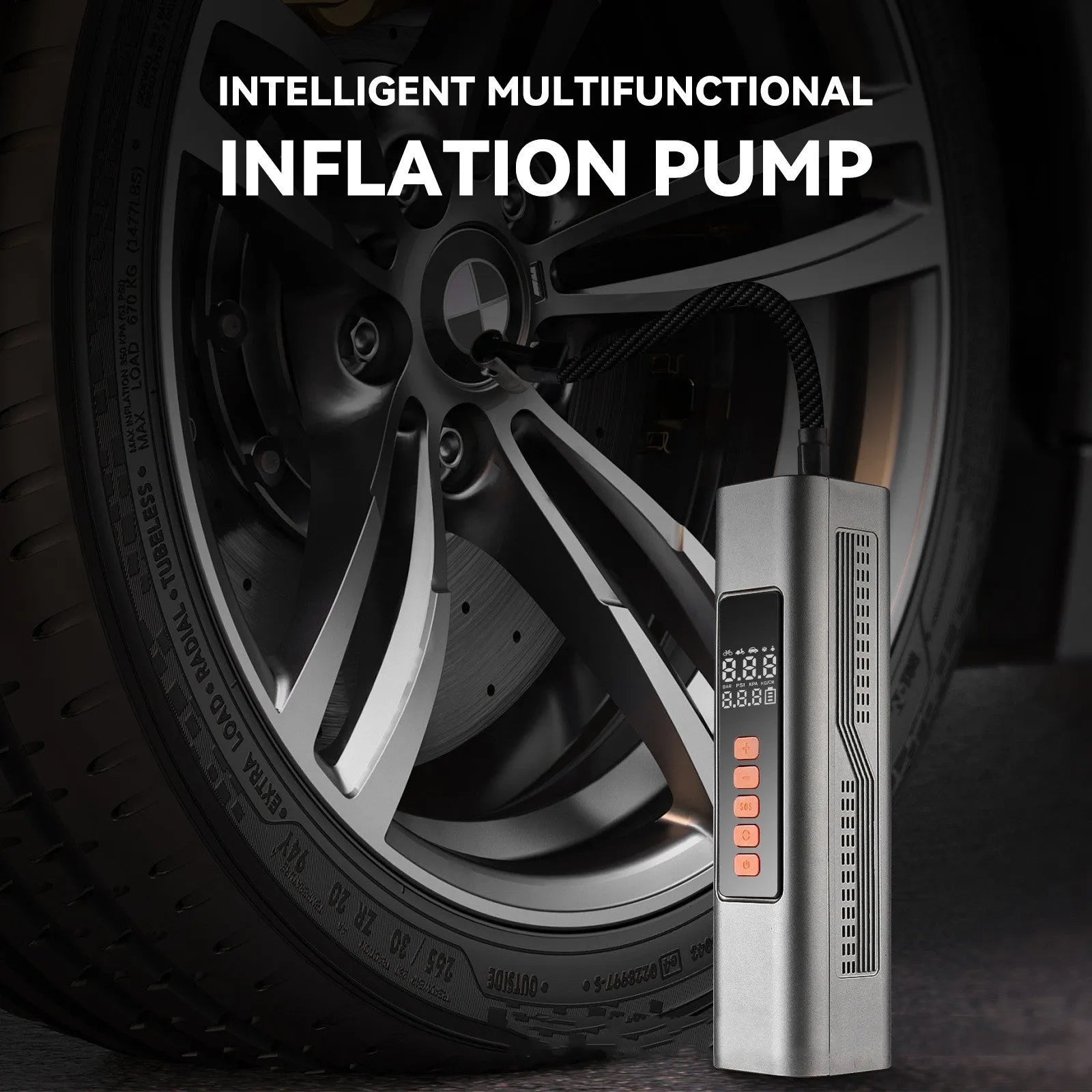 Wireless digital tyre inflator with LCD display showing pressure readings and Type-C charging port