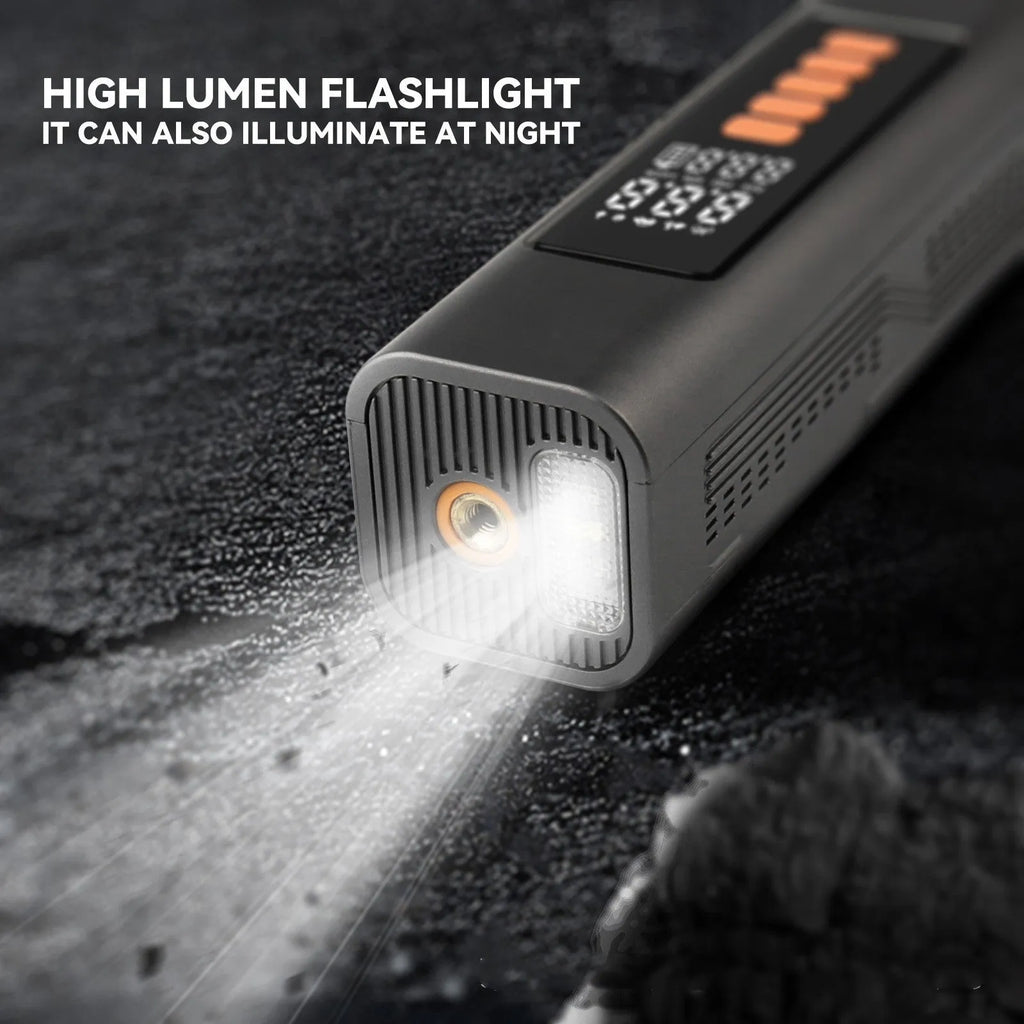 Wireless digital tyre inflator with LCD display showing pressure readings and Type-C charging port