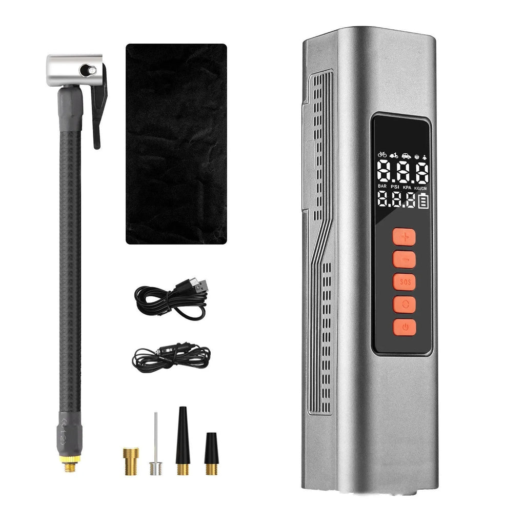 Wireless digital tyre inflator with LCD display showing pressure readings and Type-C charging port