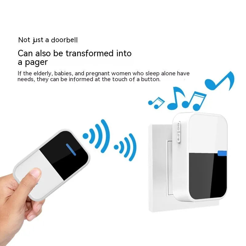 Modern white plastic wireless doorbell receiver and self-generating button unit.