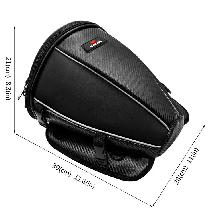 Black motorcycle seat bag with reflective strips, showing multiple pockets and an adjustable shoulder strap.