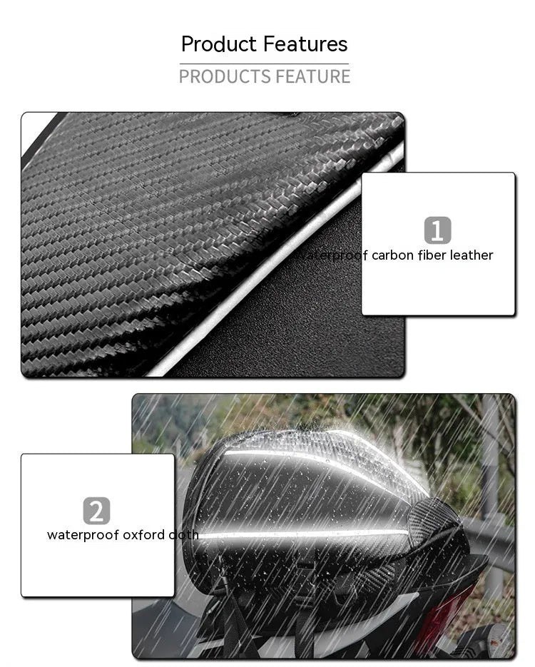 Black motorcycle seat bag with reflective strips, showing multiple pockets and an adjustable shoulder strap.