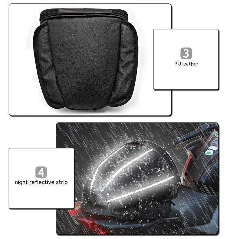 Black motorcycle seat bag with reflective strips, showing multiple pockets and an adjustable shoulder strap.