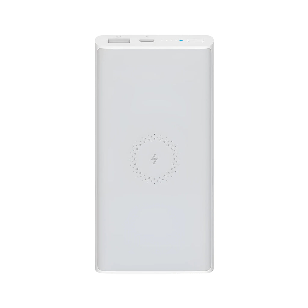 White and black 10000mAh power bank with USB-C port and wireless charging surface
