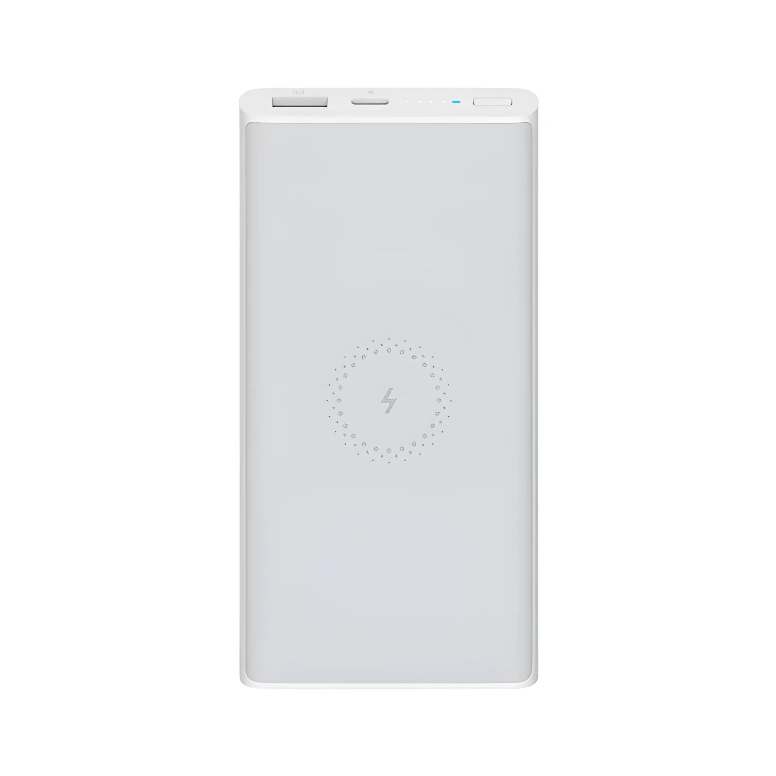 White and black 10000mAh power bank with USB-C port and wireless charging surface