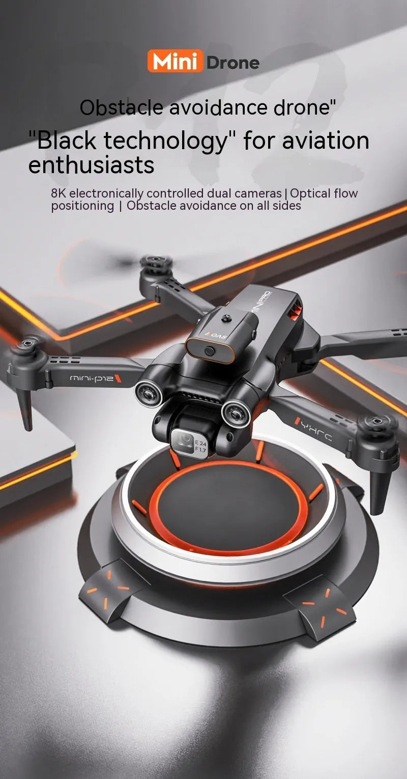 Black and orange remote-controlled quadcopter drone with camera shown folded and unfolded.
