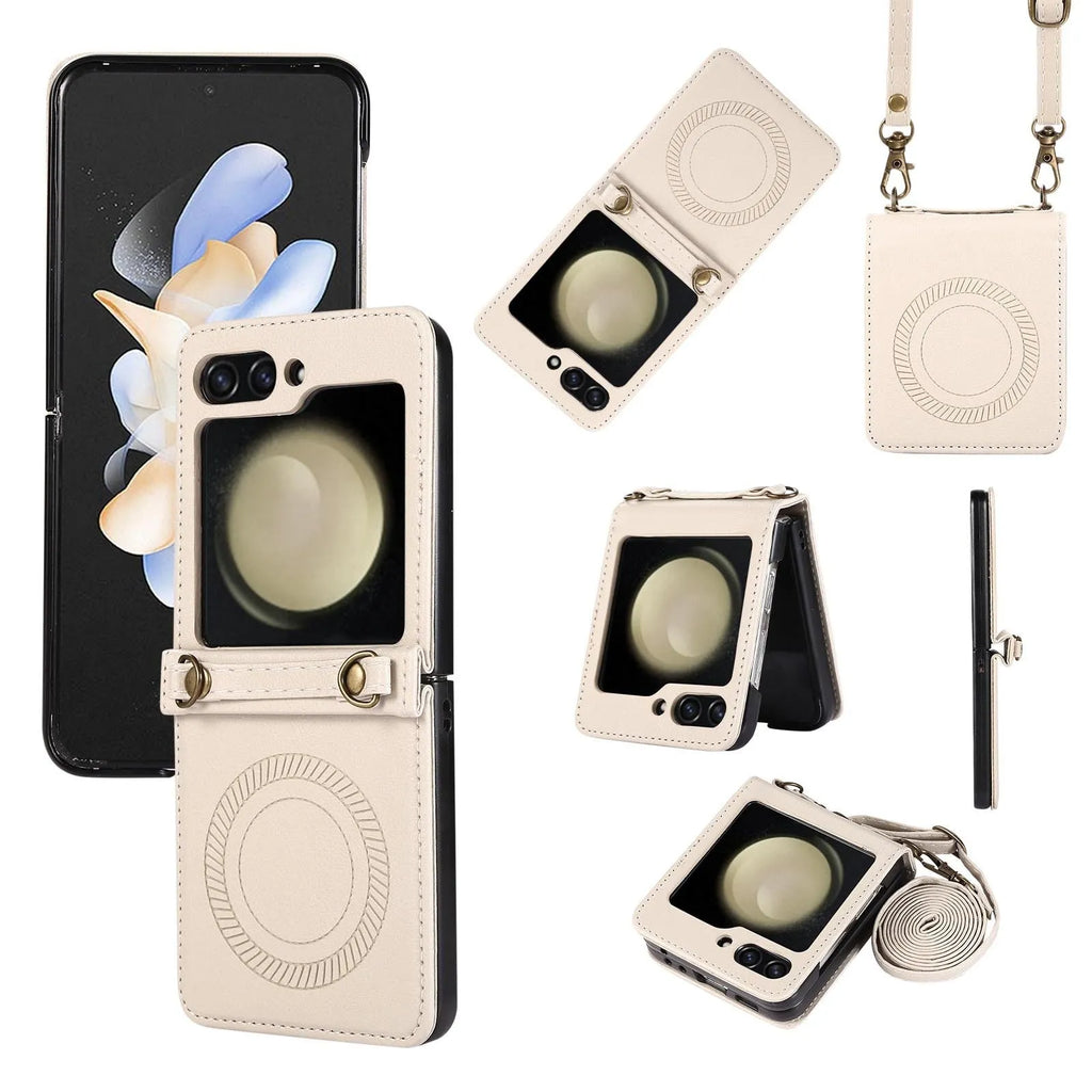 Wireless charging magnetic crossbody flip phone case for Samsung Z Flip 3 4 5 in black with lanyard