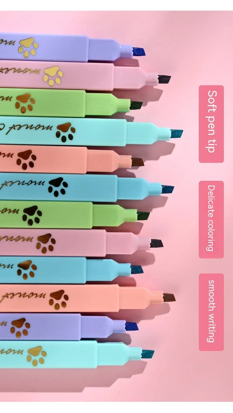 Cat's Paw brand box containing six fluorescent marker pens with oblique heads, in assorted colours.