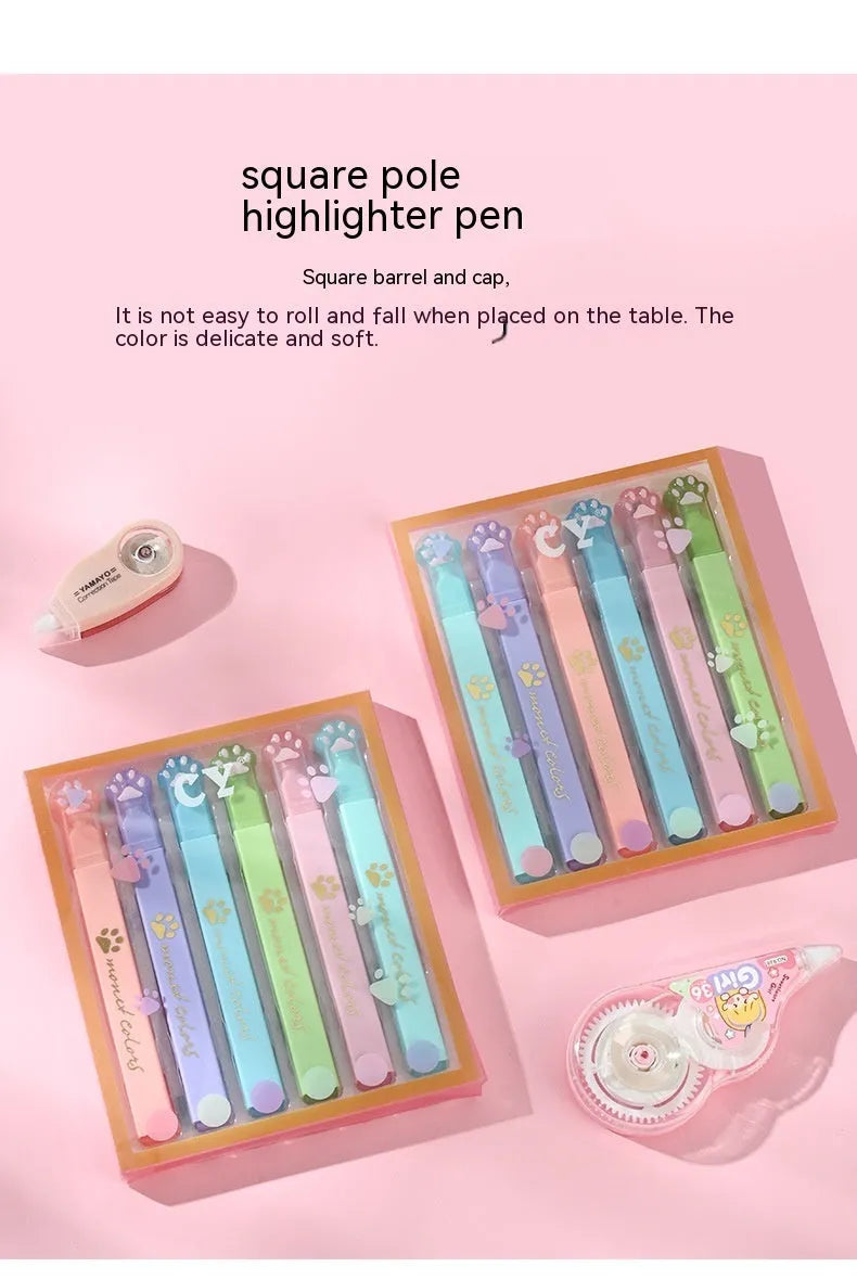 Cat's Paw brand box containing six fluorescent marker pens with oblique heads, in assorted colours.