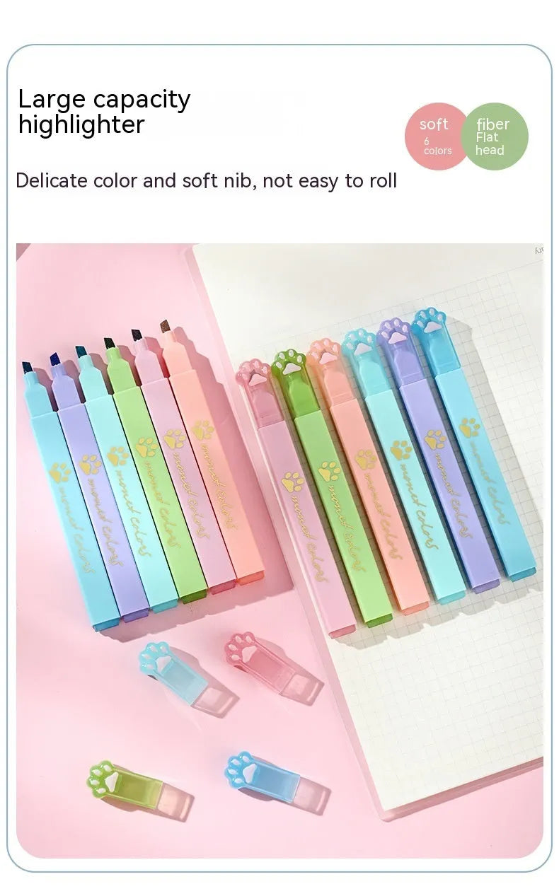 Cat's Paw brand box containing six fluorescent marker pens with oblique heads, in assorted colours.