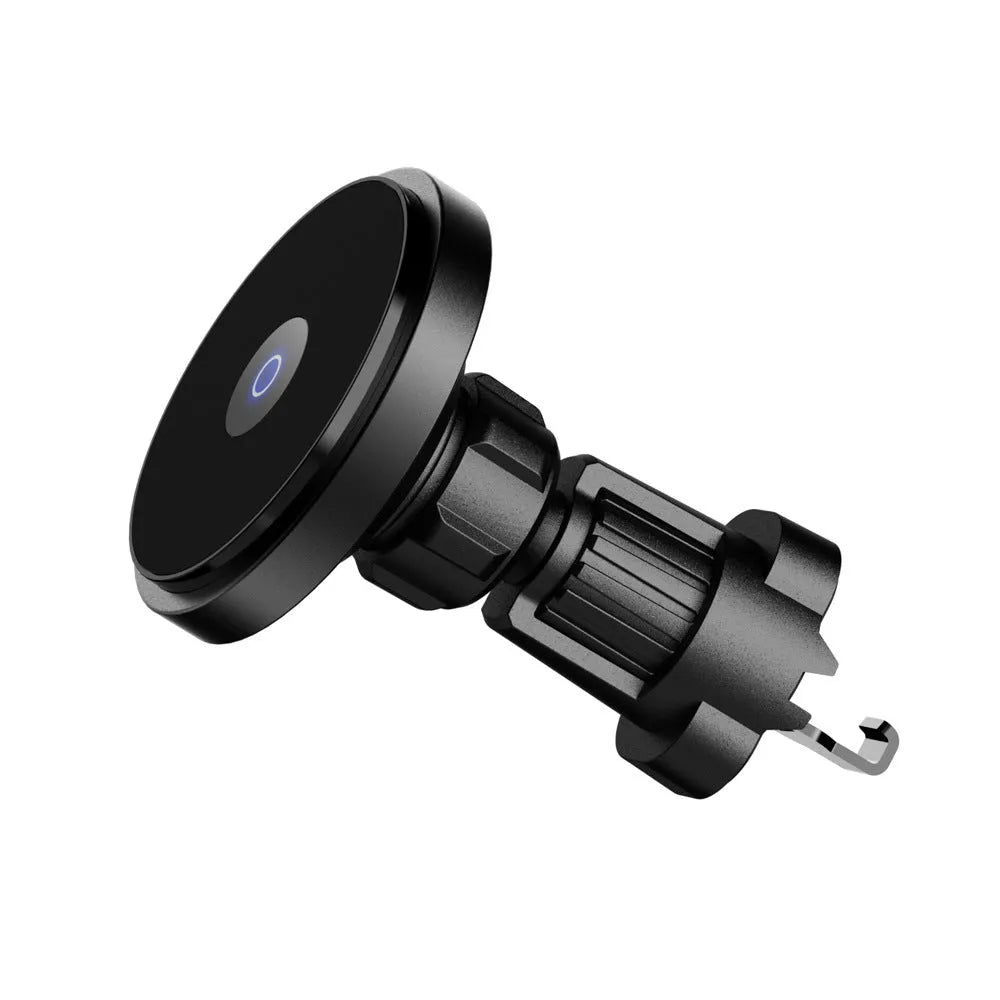 Black 15W magnetic fast charging car wireless charger mounted on a car air vent.
