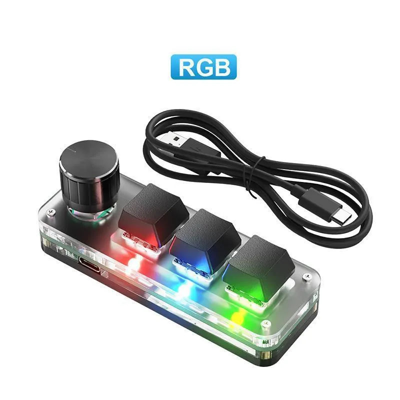 Black programmable mini keyboard with RGB backlit copy and paste keys