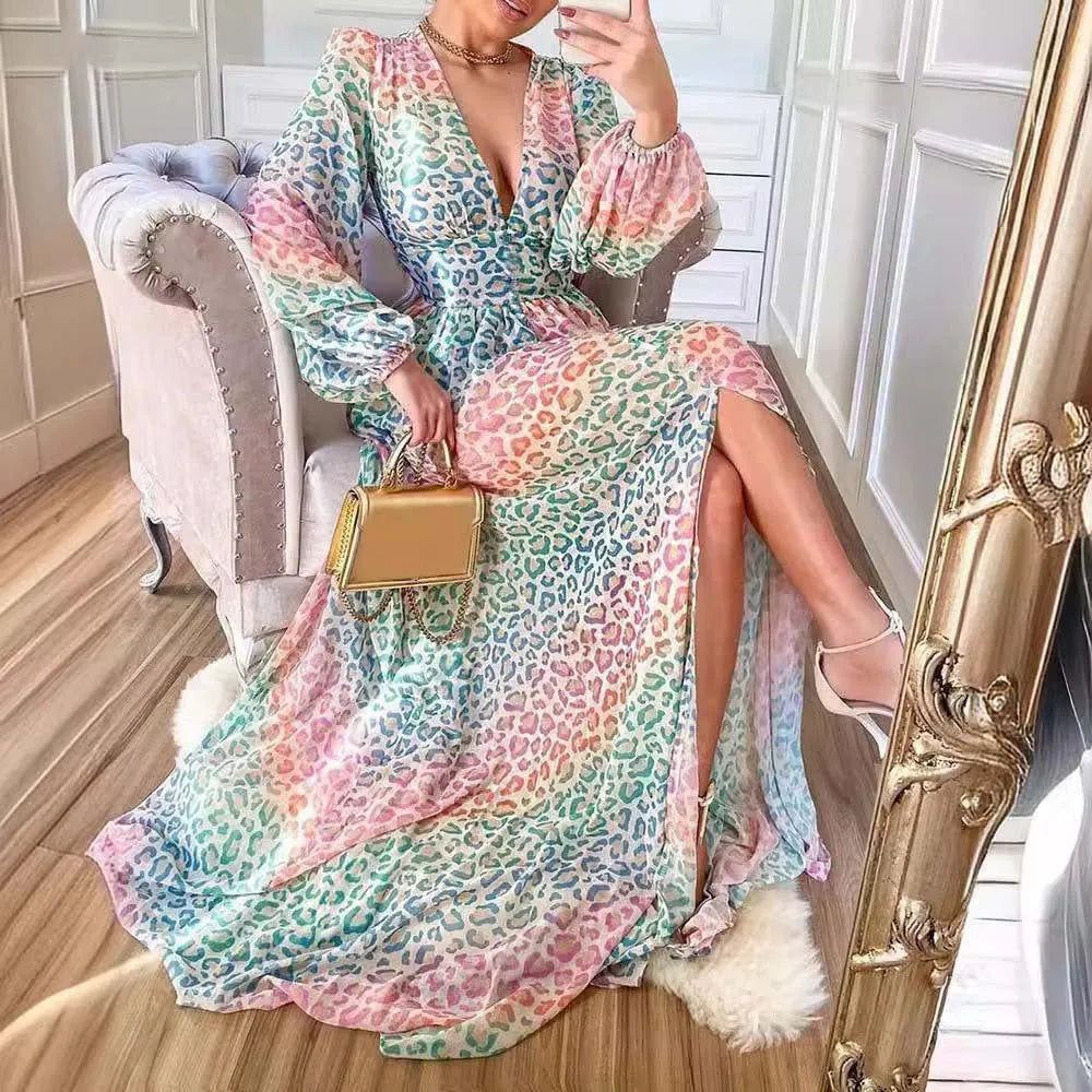 Women's lantern sleeve leopard print casual swing dress with mid waist and long sleeves