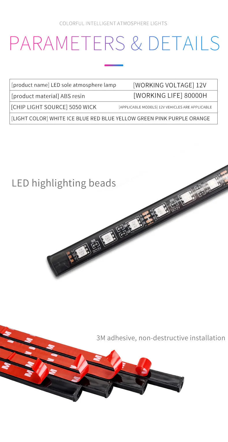 Universal car footwell LED atmosphere light strip with voice and app control for eight colours.