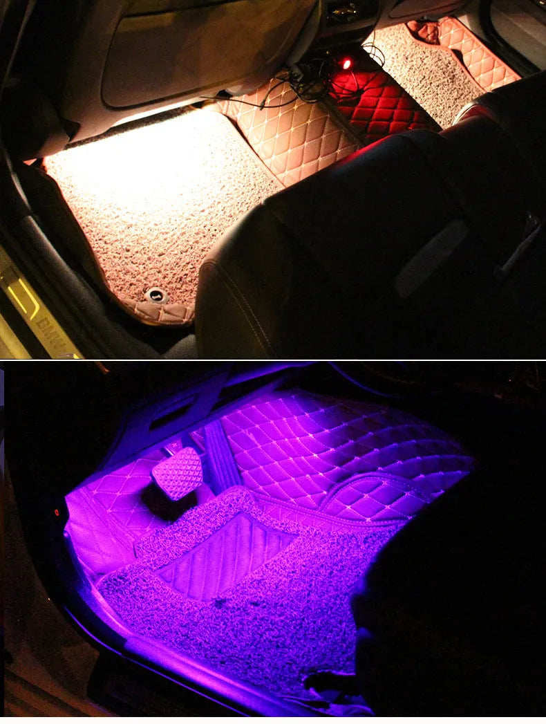 Universal car footwell LED atmosphere light strip with voice and app control for eight colours.