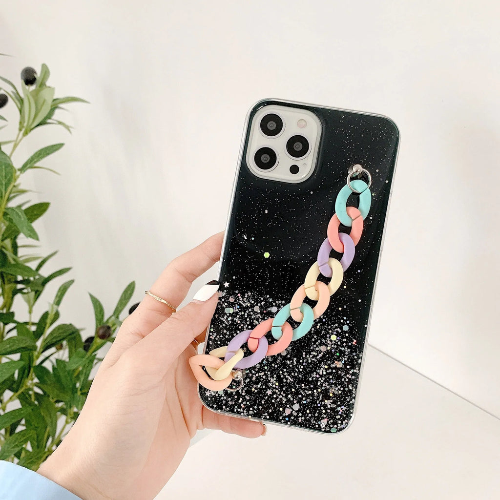 Silicone soft cover phone case with bracelet starry starry pattern and lanyard hole for iPhone 14 15 Pro Max