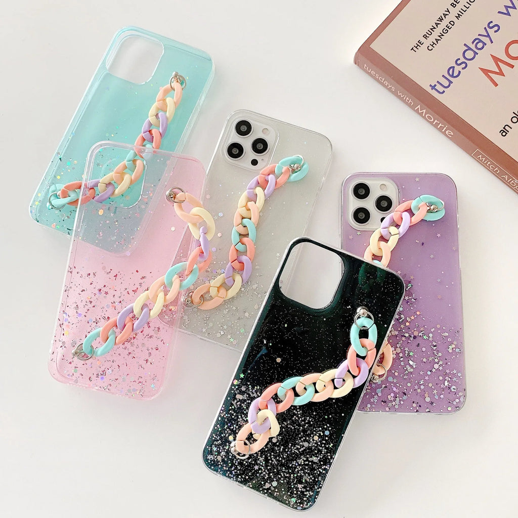 Silicone soft cover phone case with bracelet starry starry pattern and lanyard hole for iPhone 14 15 Pro Max