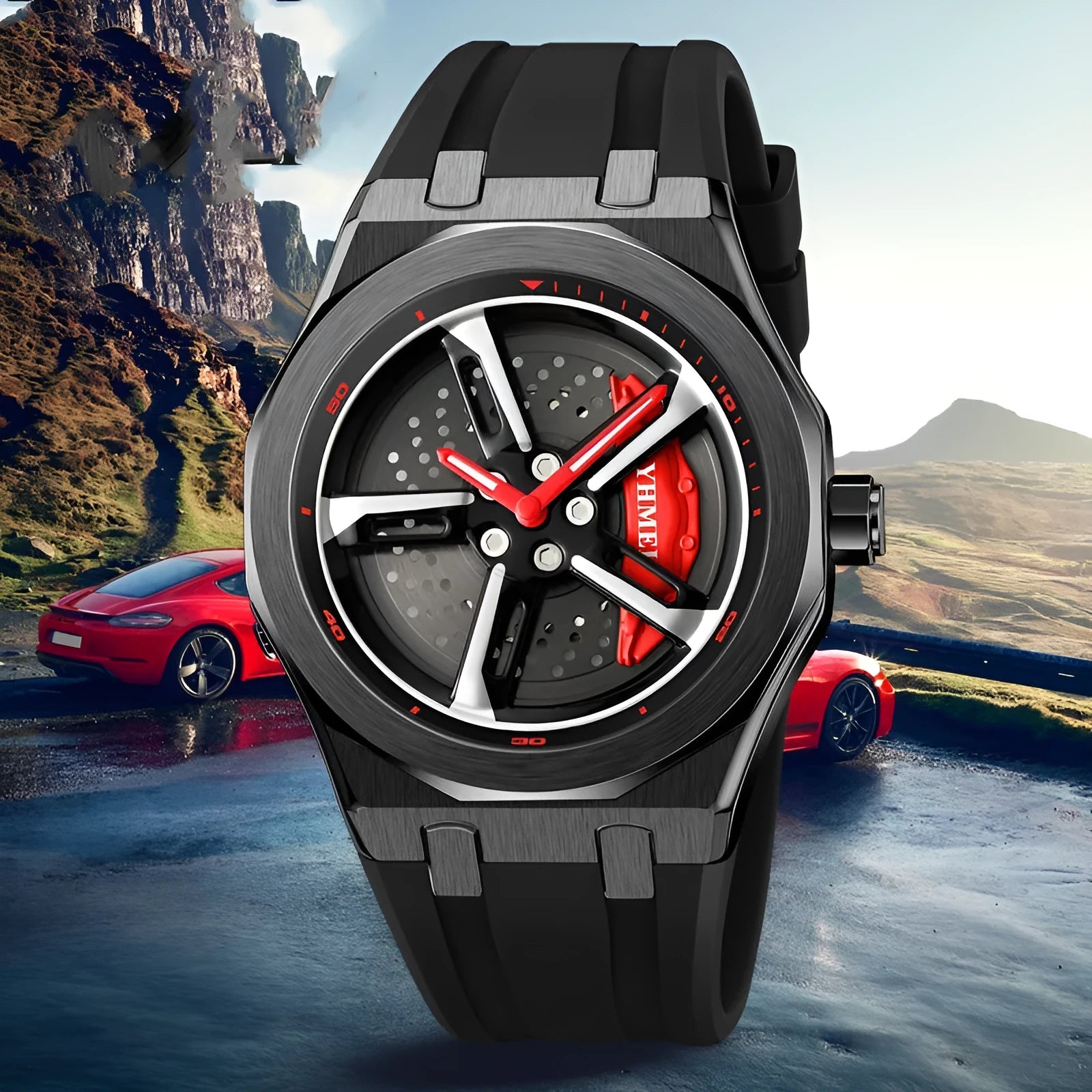 Men's hollow quartz watch with green silicone strap, glass dial, and zinc alloy case on wrist