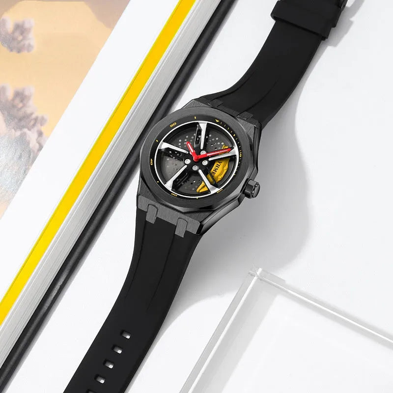 Men's hollow quartz watch with green silicone strap, glass dial, and zinc alloy case on wrist
