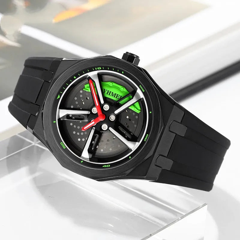 Men's hollow quartz watch with green silicone strap, glass dial, and zinc alloy case on wrist