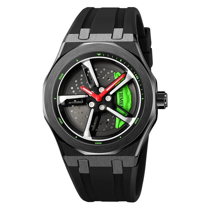 Men's hollow quartz watch with green silicone strap, glass dial, and zinc alloy case on wrist