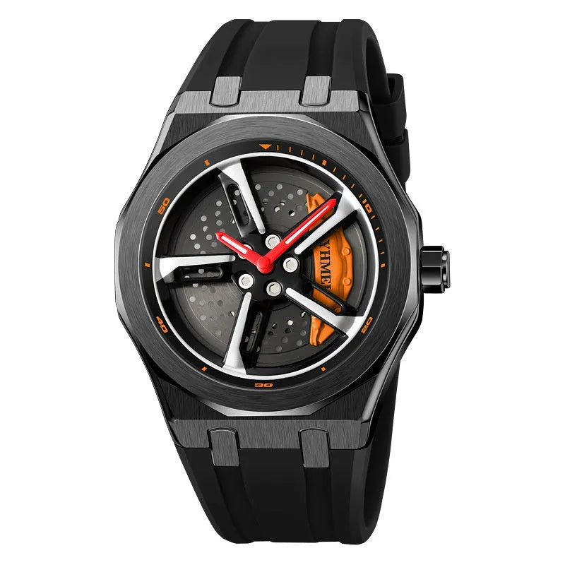 Men's hollow quartz watch with green silicone strap, glass dial, and zinc alloy case on wrist