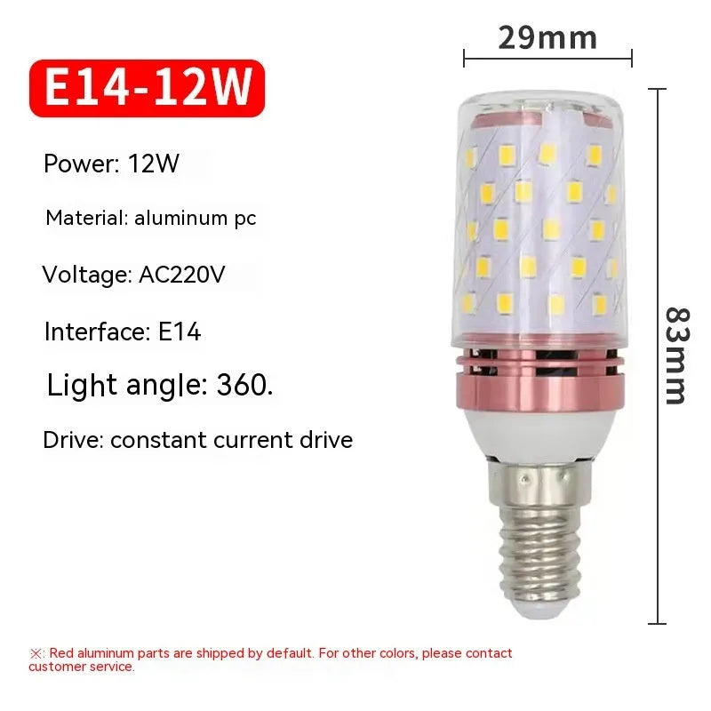 12W E14 screw cap LED corn light bulb with three colour temperature settings on a white background.