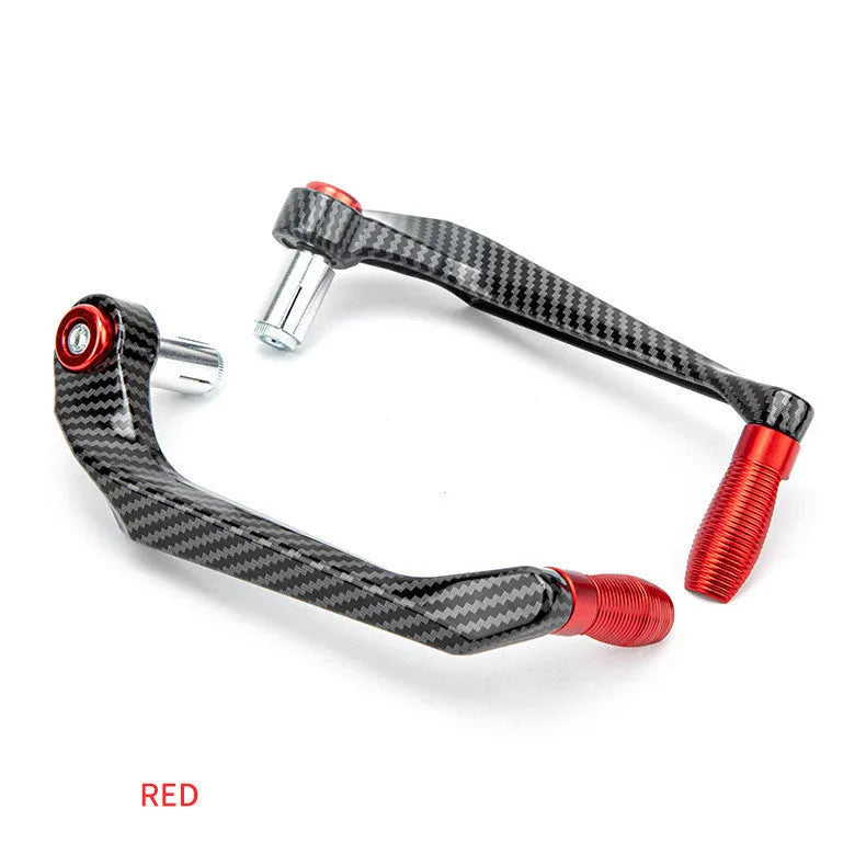 A pair of aluminium motorcycle hand guards with a water transfer printed finish, shown in one of five available colours.