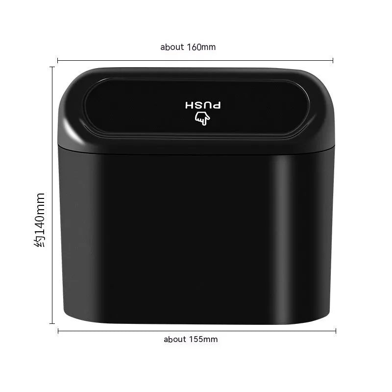 Black foldable plastic car trash can with waterproof lining, designed for mounting behind a car seat.