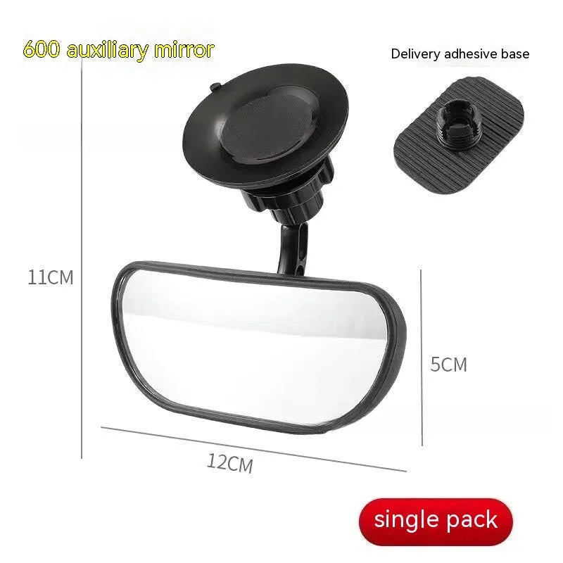 Black 360-degree rotating car rearview mirror with sucker attachment on windscreen