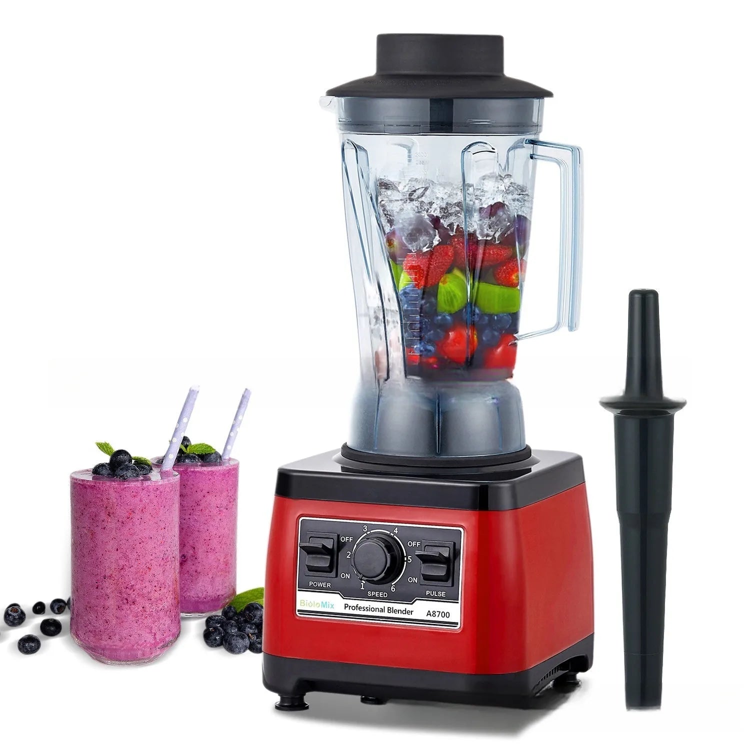 Red industrial style commercial blender with 2L jug and 2200W motor