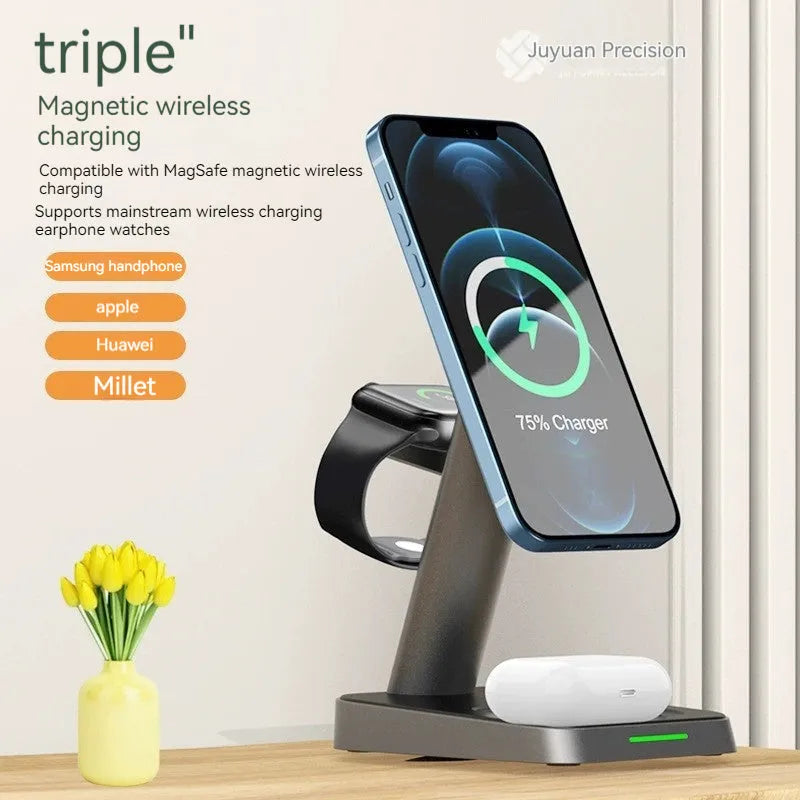 Black cube-shaped three-in-one wireless charging station for mobile phone, watch, and earbuds.