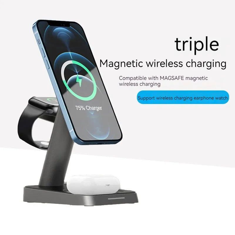 Black cube-shaped three-in-one wireless charging station for mobile phone, watch, and earbuds.