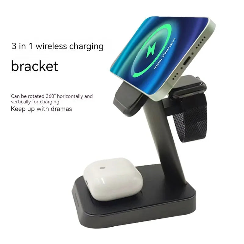 Black cube-shaped three-in-one wireless charging station for mobile phone, watch, and earbuds.