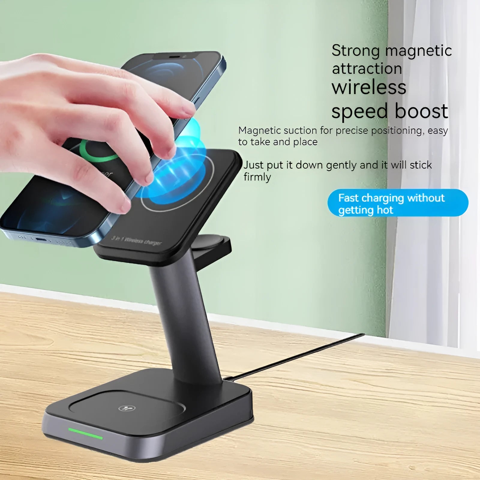 Black cube-shaped three-in-one wireless charging station for mobile phone, watch, and earbuds.