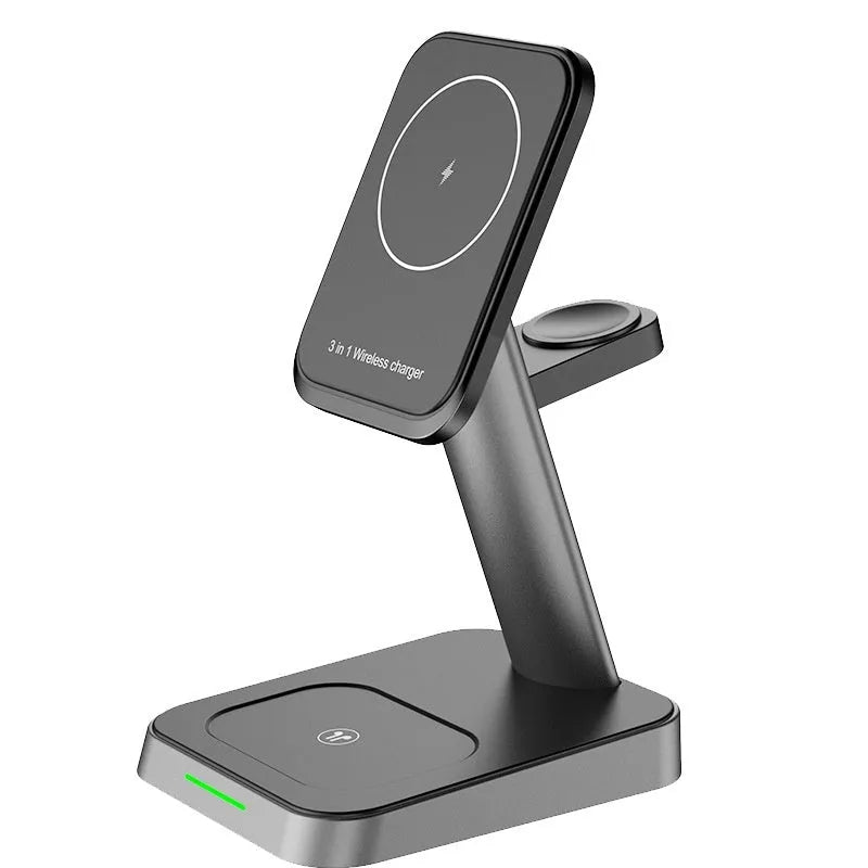 Black cube-shaped three-in-one wireless charging station for mobile phone, watch, and earbuds.