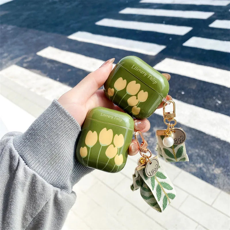 Retro green tulip IMD TPU drop protection flip cover for AirPods case