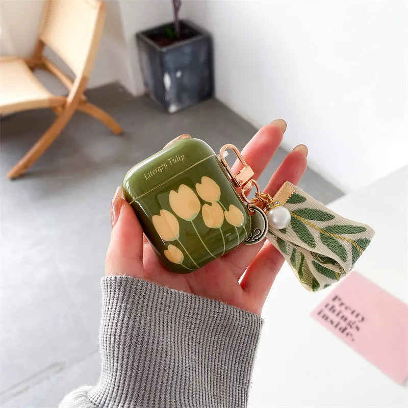 Retro green tulip IMD TPU drop protection flip cover for AirPods case