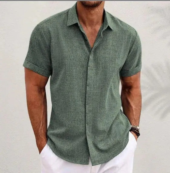 Men's light grey loose fit cotton blend cardigan with long sleeves on a hanger.