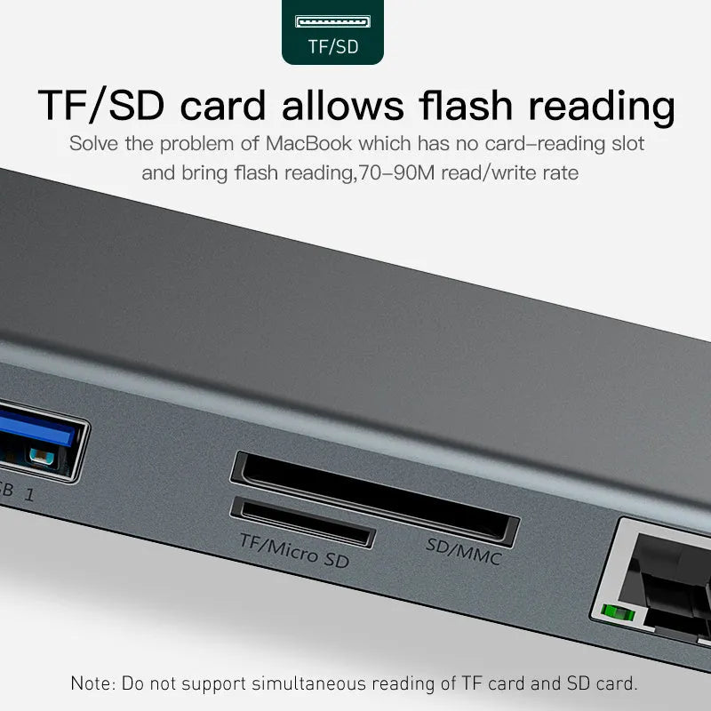 Aluminium USB-C docking station with cooling bracket showing ten ports including HDMI and VGA connections