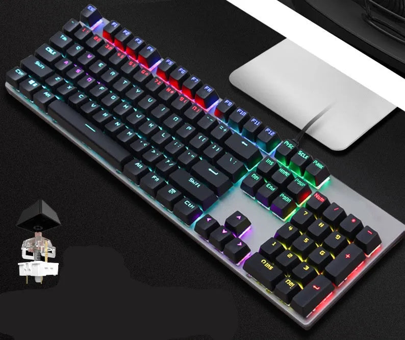 AOC GK410 mechanical keyboard with green axis switches, metal construction, and full 104-key layout