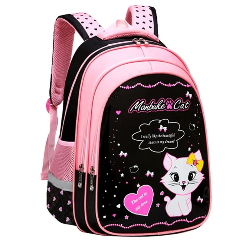 Kids school cute cat print nylon backpack with load-reducing design and computer pocket in pink and black colourway.