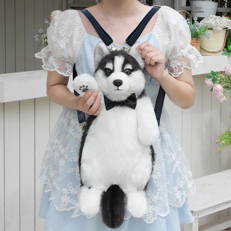 Husky plush simulation bag toy with a scarf in a colour gift box