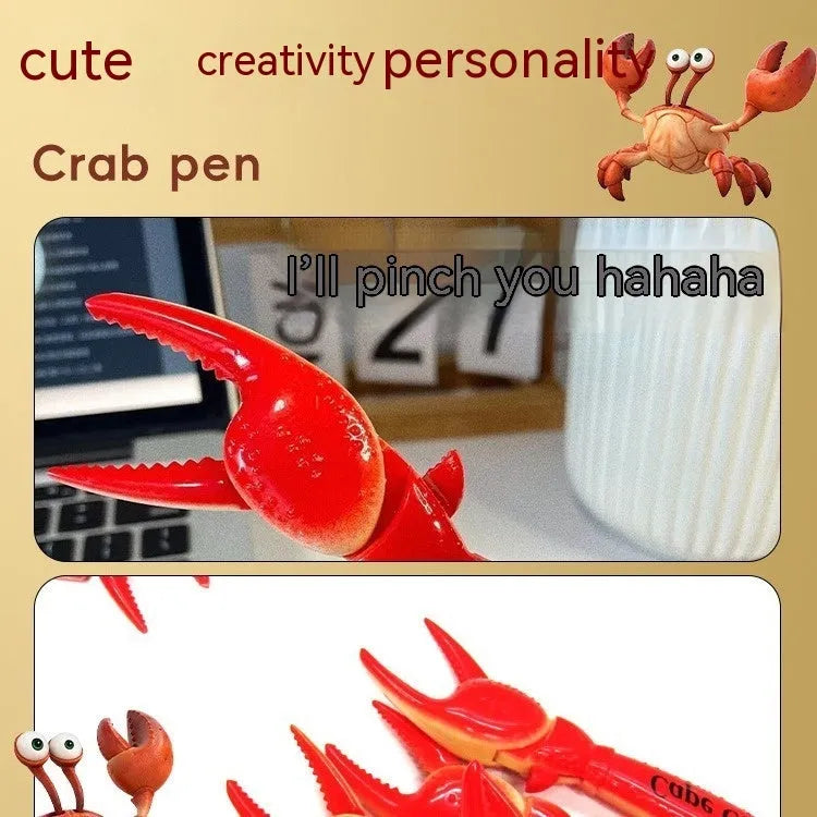 Crab-themed ballpoint pen with pressable moving parts and twistable barrel mechanism