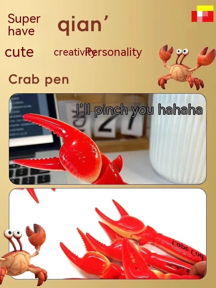 Crab-themed ballpoint pen with pressable moving parts and twistable barrel mechanism