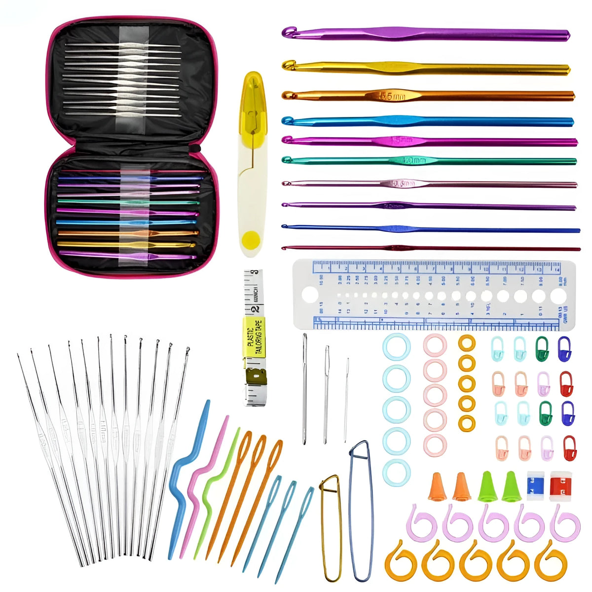 23-piece stainless steel crochet hook set with sizes from 0.6mm to 8.0mm on a plain background