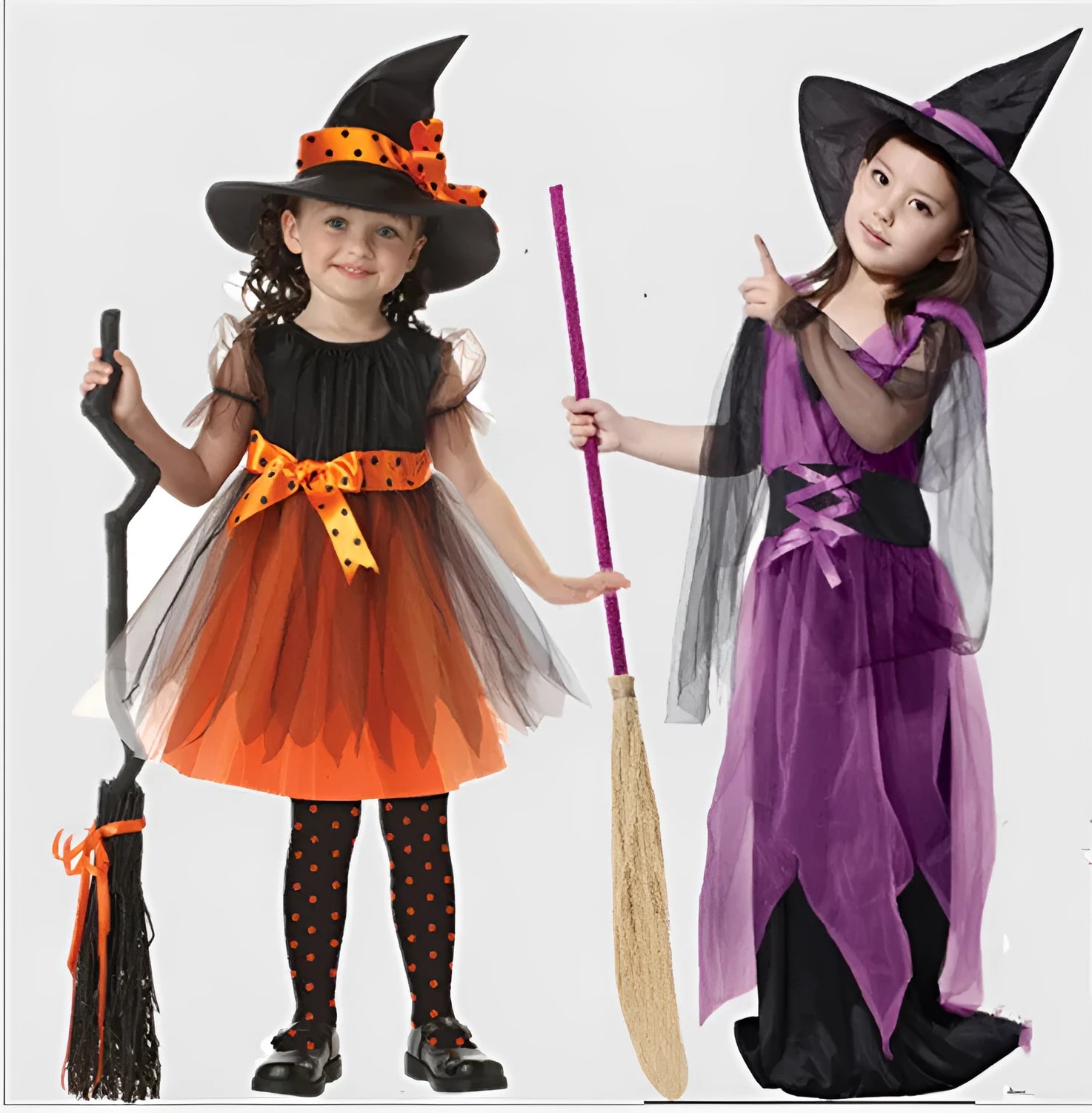 Child wearing a linen witch costume for fancy dress, available in bat, broom, purple and yellow designs.